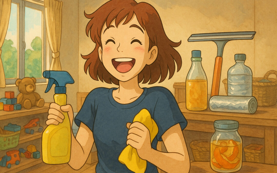 Happy mom cleaning her home