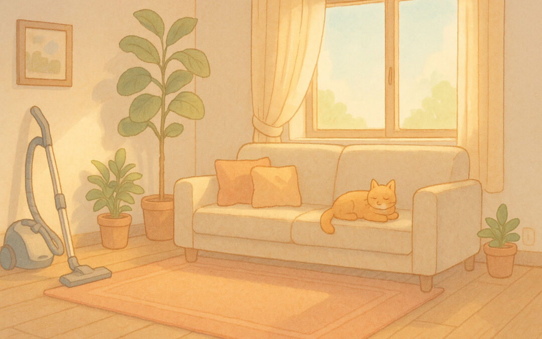 cat sitting on a cozy couch next to a vacuum cleaner