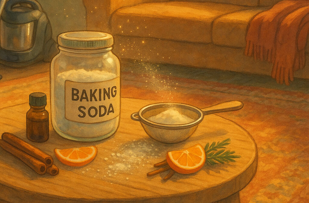 Baking soda and essential oil sitting on a coffee table