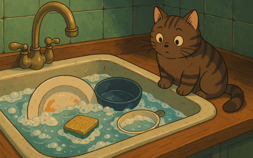 Dirty sink with dishes soaking.